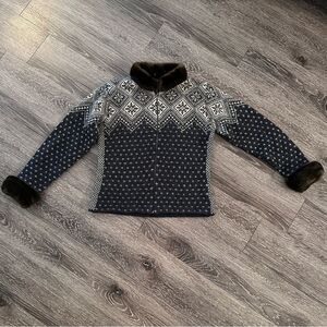 Lauren Ralph Lauren Vintage Wool Faux Fur Fair Isle Zip Up Sweater